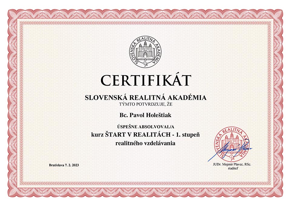 Certifikát - Kurz štart v realitách 1. stupeň realitného vzdelávania